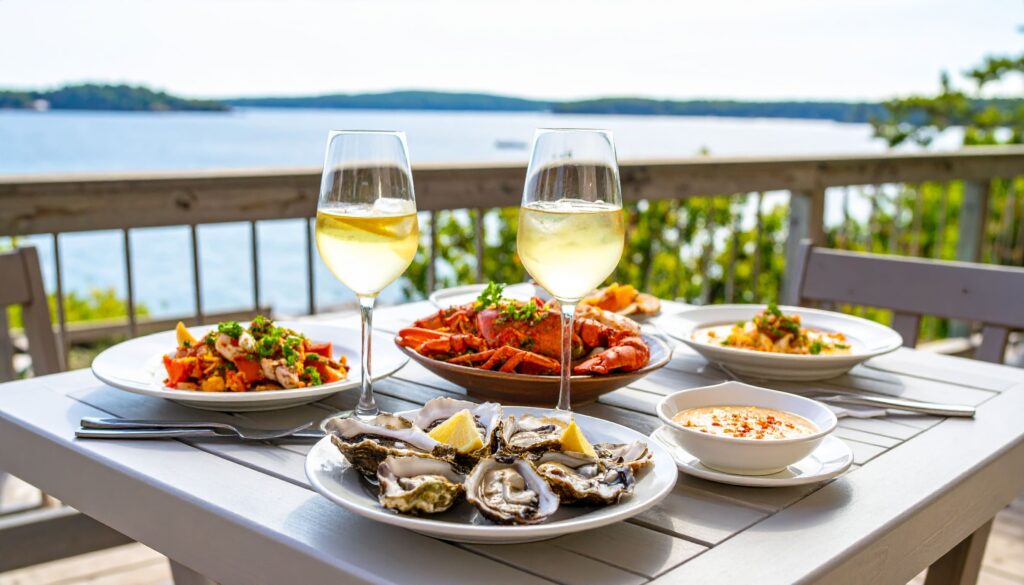 Gedeckter Tisch mit Meeresfrüchten und Blick auf die Bucht – kulinarische Spezialitäten aus Rhode Island