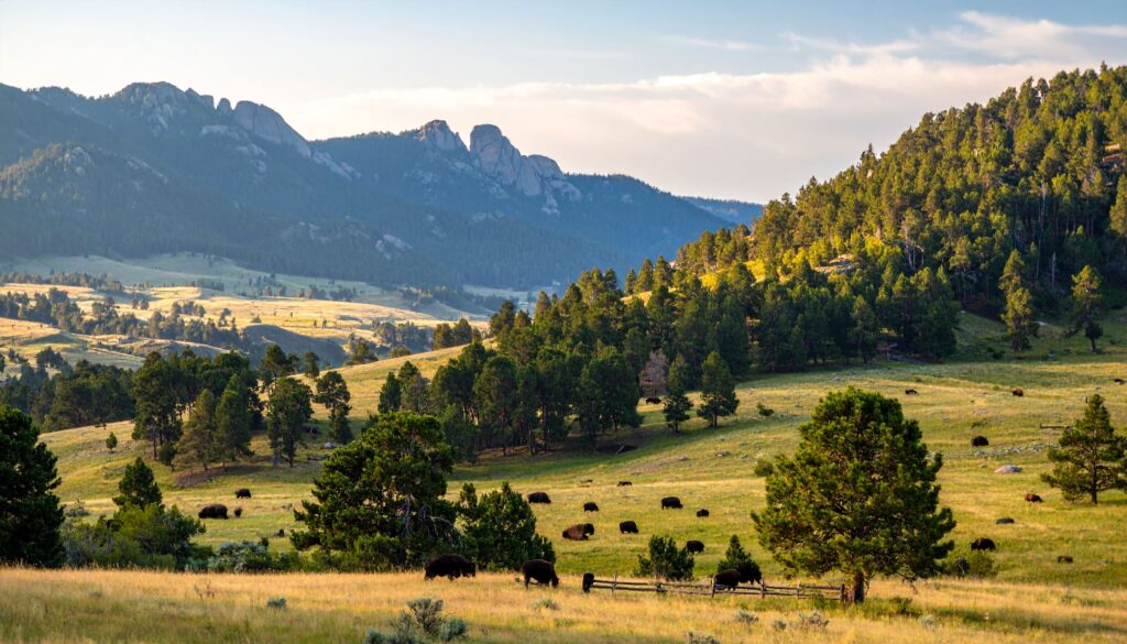 Weite Prärie im Custer State Park Süd-Dakota mit grasenden Bisons und den Needles-Felsen im Morgengrauen.