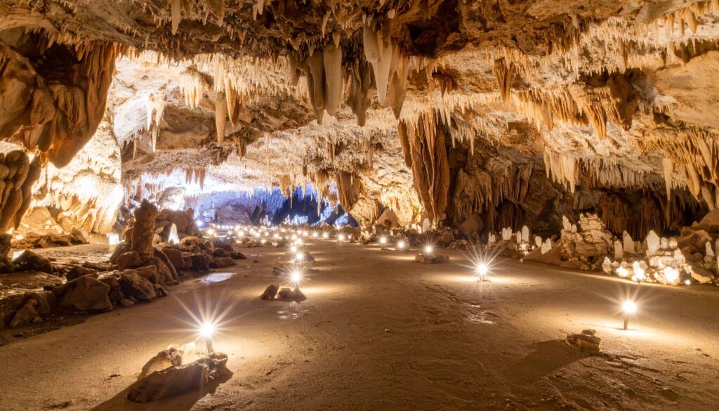 Kristallverzierte Höhlenkammer der Jewel Cave in South Dakota im stimmungsvollen Lampenschein.