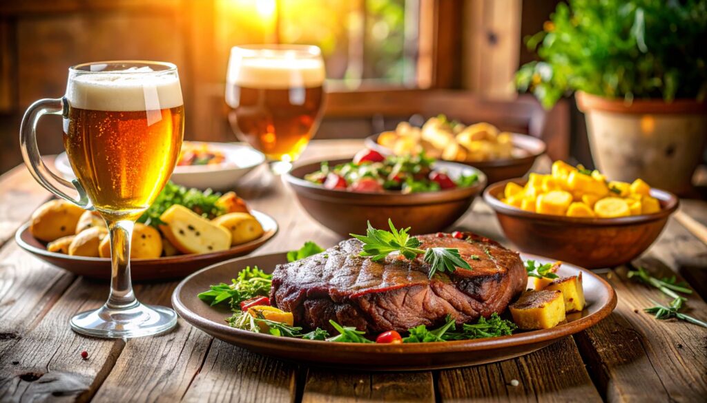 Tisch mit typischem South Dakota Bisonsteak, Maisbrot und Bier im warmen Licht.