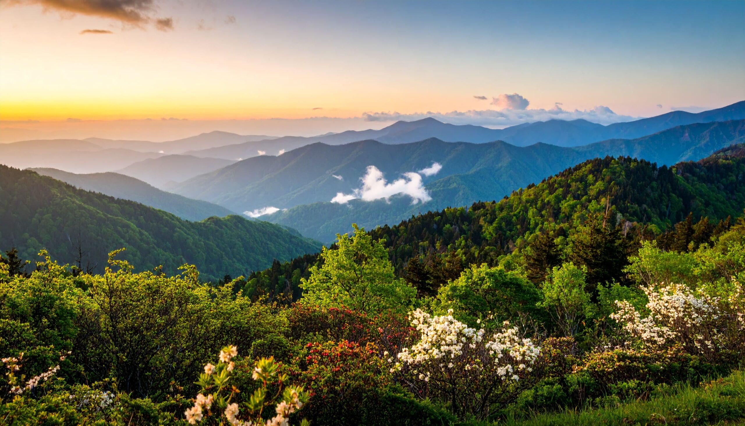 Landschaft im Sonnenaufgang über den nebelverhangenen Great Smoky Mountains in Tennessee, mit Wald und Wildblumen im Vordergrund.