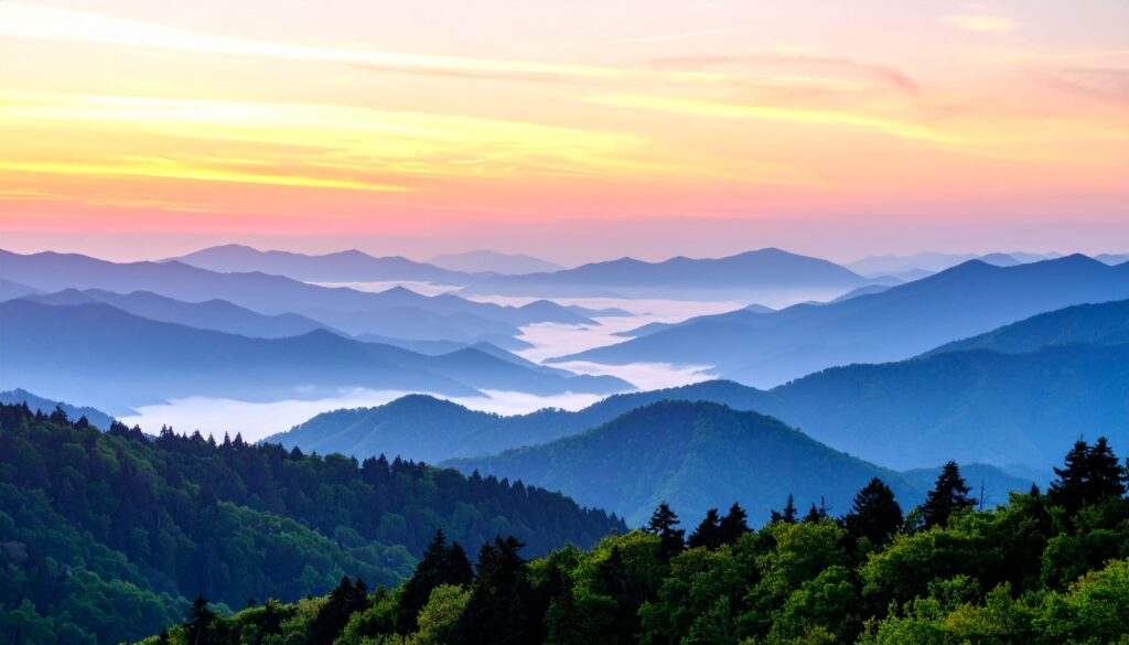Nebelverhangene Berge und Wälder im Morgengrauen im Great Smoky Mountains National Park.