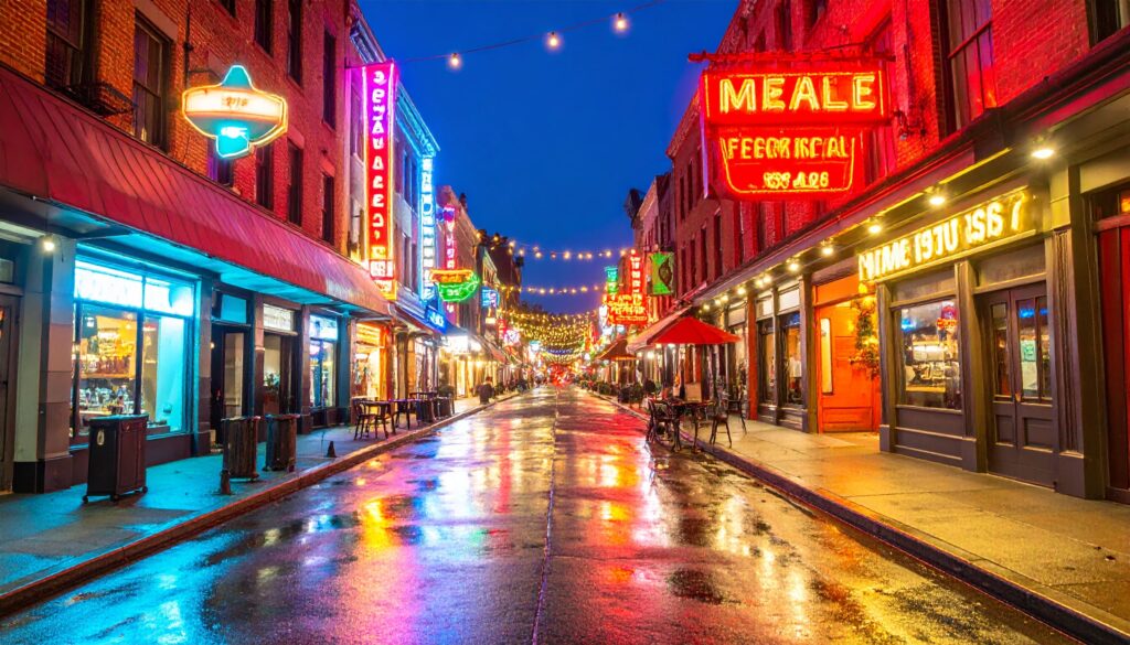 Neon-beleuchtete Beale Street in Memphis bei Dämmerung, geprägt von Musikclub-Schildern und historischer Atmosphäre.
