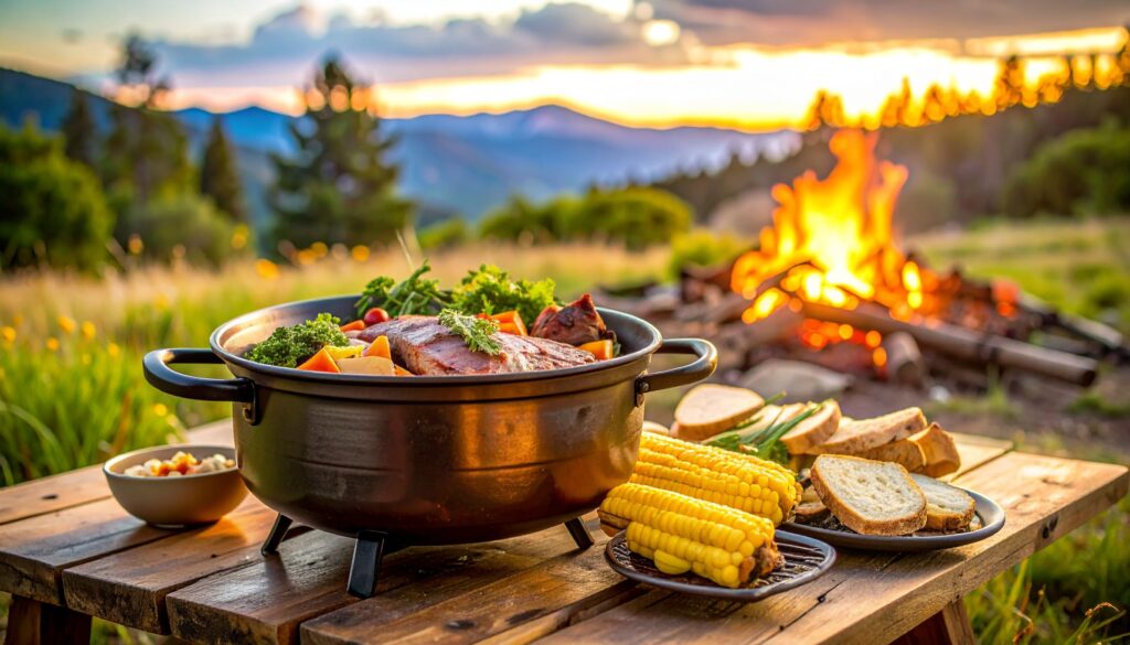 Utah BBQ Dutch Oven, geröstete Speisen am Lagerfeuer bei Sonnenuntergang.