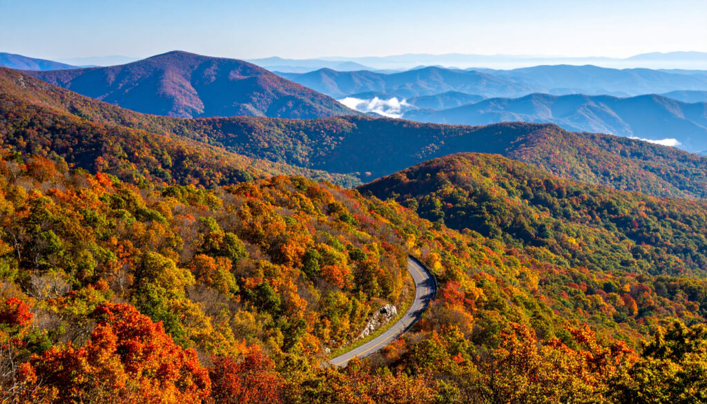 Herbstliche Aussicht auf die Skyline Drive im Shenandoah National Park mit bunten Bäumen und Nebel in den Tälern.