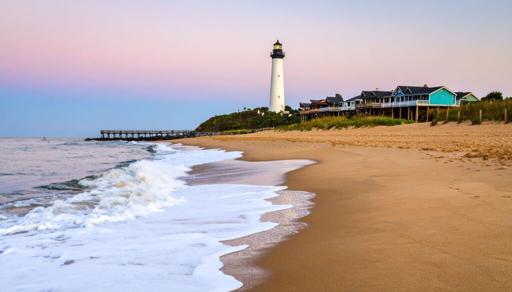 Morgenstimmung am leeren Sandstrand von Virginia Beach mit Sonnenaufgang und Leuchtturm.