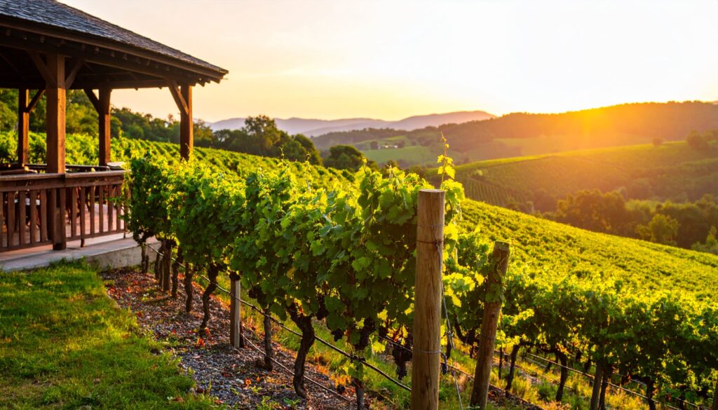 Sonnenuntergang über einem Weinberg in Charlottesville mit goldenem Licht und Weinreben.