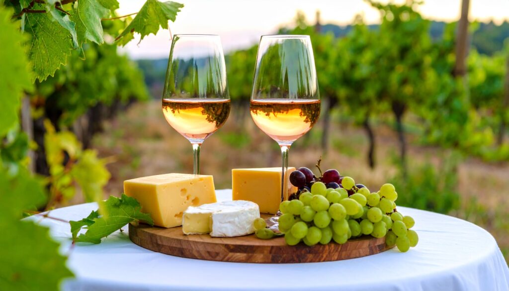 Romantisch gedeckter Tisch mit Wein, Käse und Reben im Weingut bei Abendstimmung.