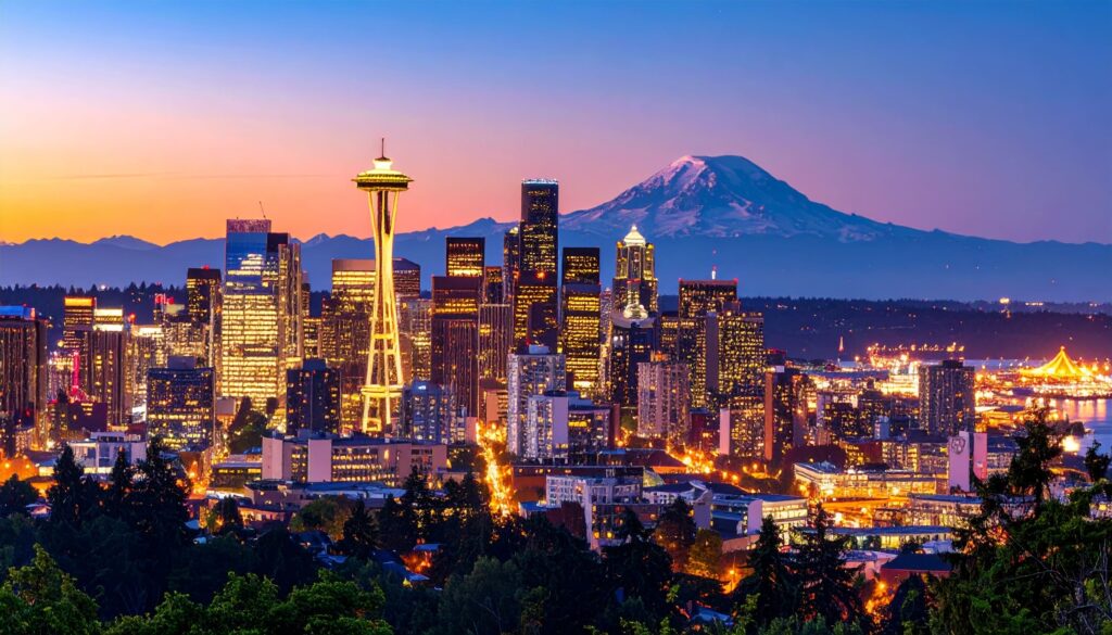 Panoramablick auf Seattle bei Sonnenuntergang, Space Needle und Mount Rainier