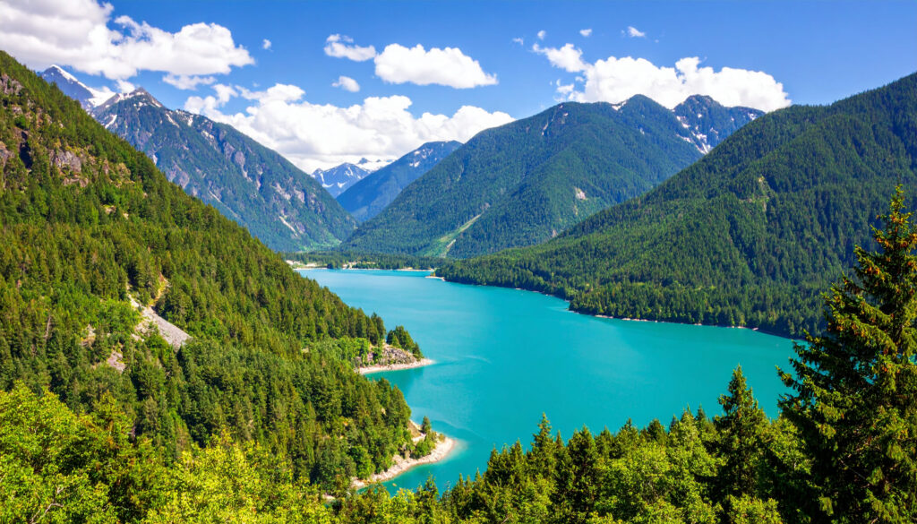 Strahlend türkiser Diablo Lake, umgeben von Bergen und Wälder im North Cascades National Park