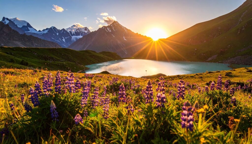 Sonnenaufgang über einem Bergsee im Methow Valley mit Wildblumen und Nebel