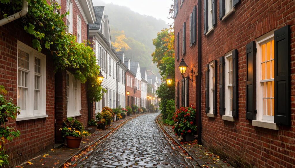 Die Altstadt von Harpers Ferry im Morgendunst mit historischen Gebäuden.
