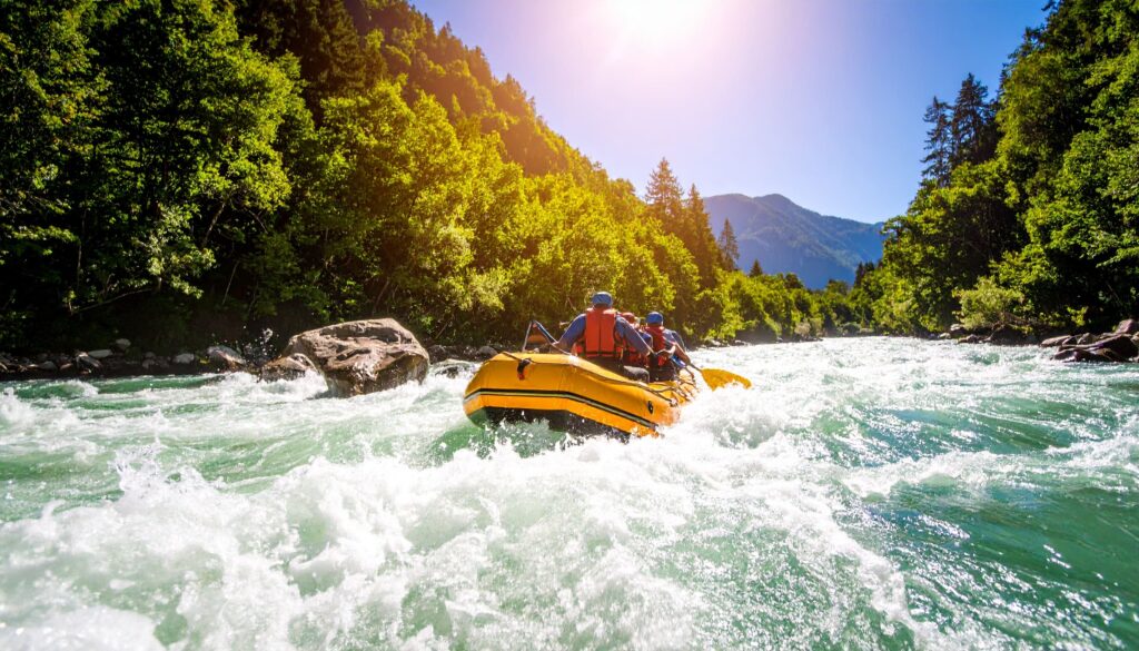 Raftingboot im wilden Wasser mit spritzenden Wellen und dichter Naturkulisse