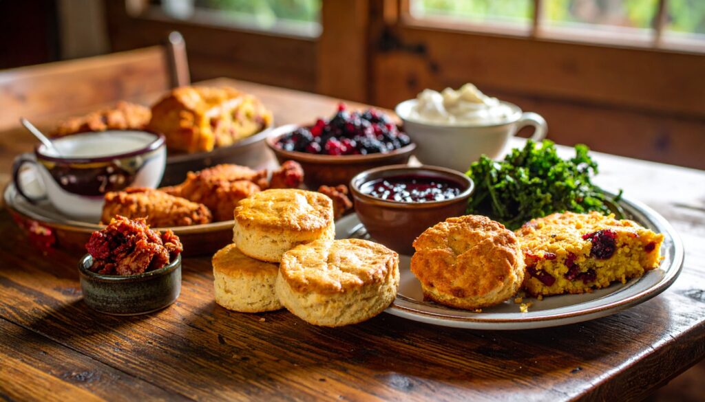 Nahaufnahme eines traditionellen Appalachian Gerichts mit Biscuits, Fried Chicken, Cornbread und Blackberry Cobbler.