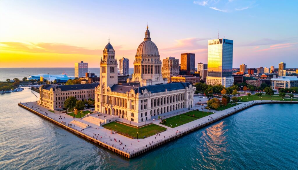 Milwaukee Skyline mit Museum und See zur goldenen Stunde
