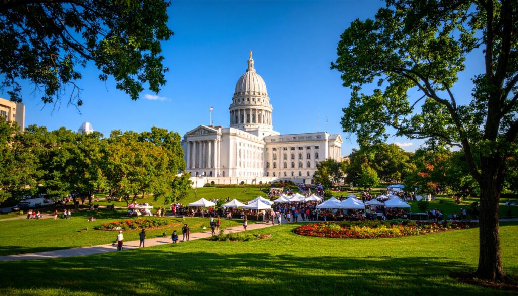 Madison Kapitol mit Markt, Menschen und Seen an einem Sommernachmittag