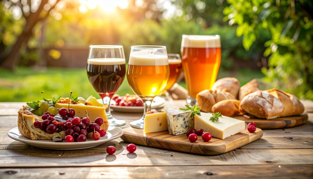 Nahaufnahme Wisconsin-Käseplatte, Bier und Kirschkuchen auf Holz