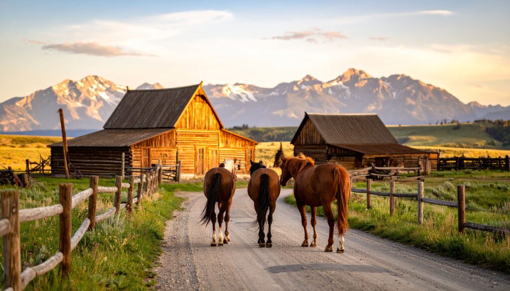 Westernstraße in Cody mit Holzhäusern und Pferden im Sonnenlicht.